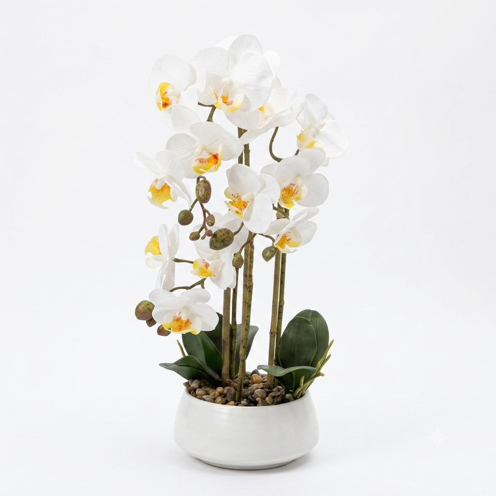 White Phalaenopsis Orchid in Ceramic Bowl