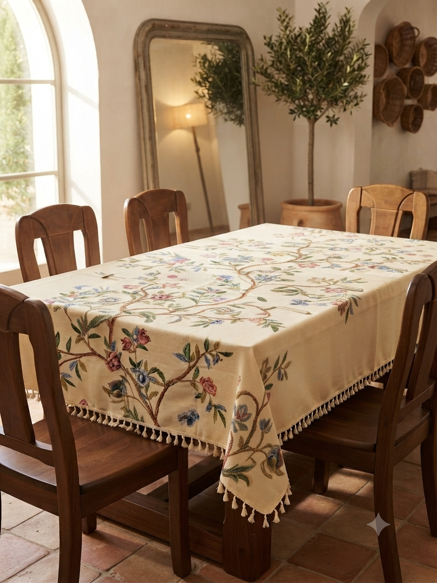 Embroidered Linen Tablecloth with Blooming Tree of Life & Tassel Trim