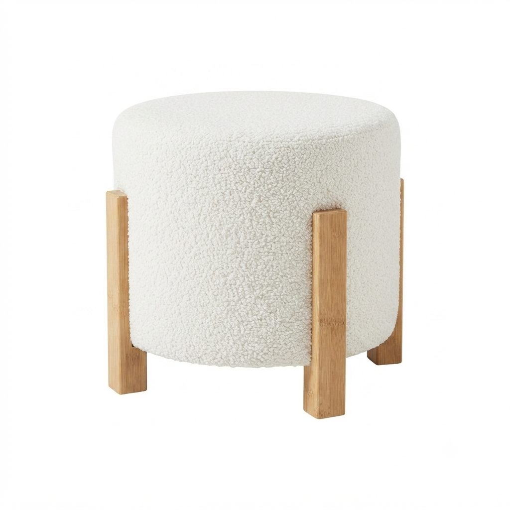 Boucle Round Ottoman with Wooden Legs