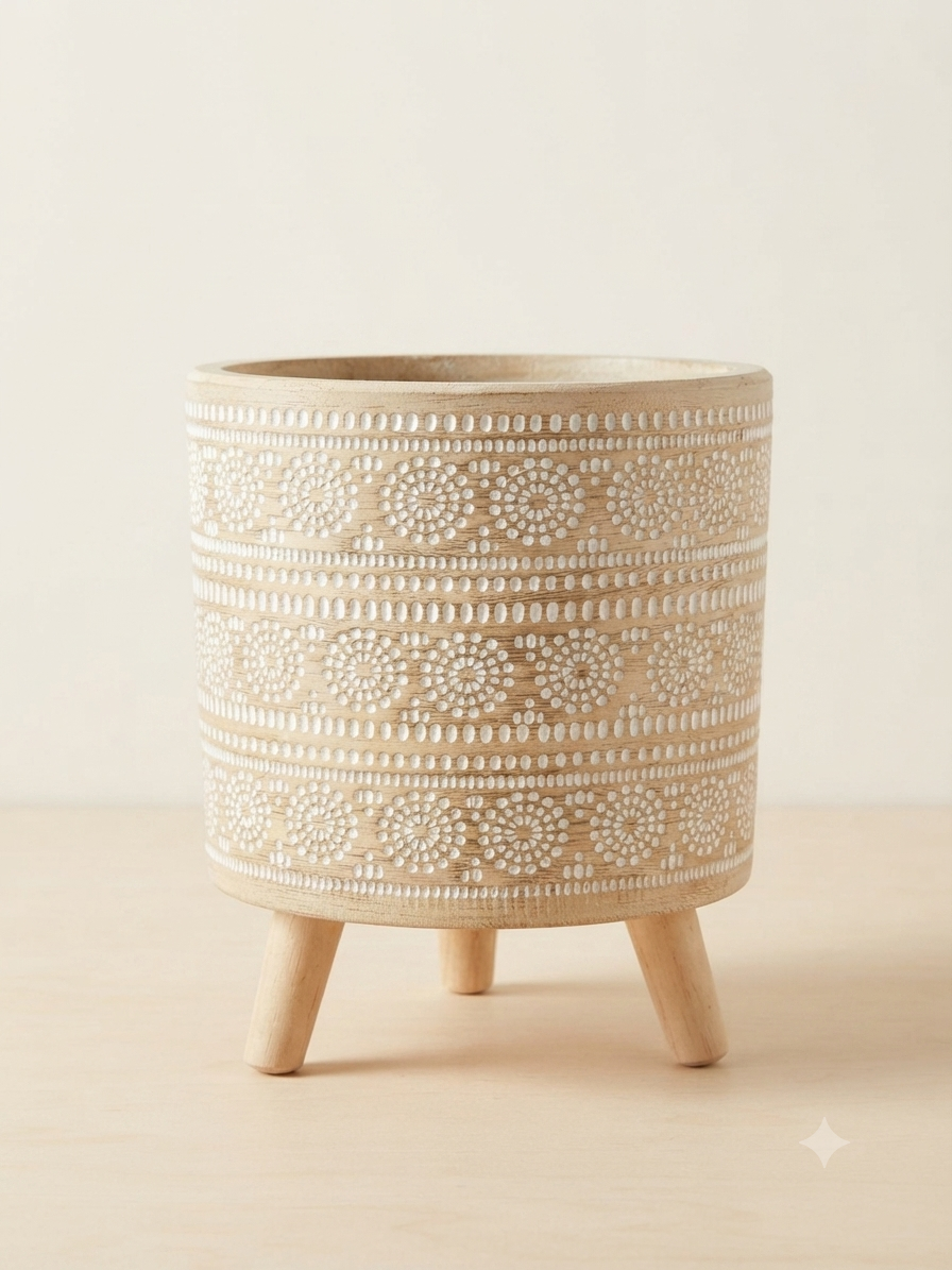 Boho Ceramic Planter with Wooden Legs