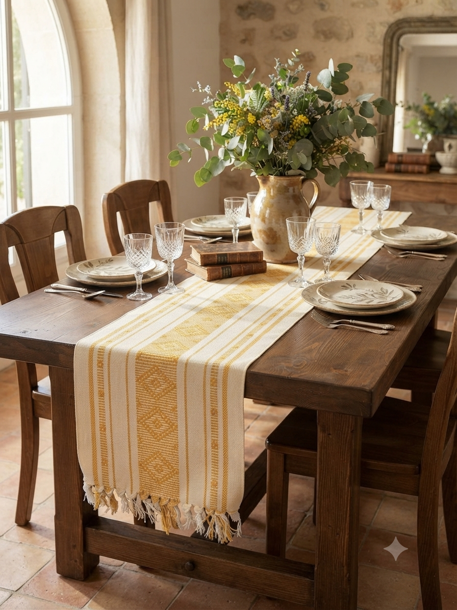 Mustard Stripe Woven Cotton Table Runner
