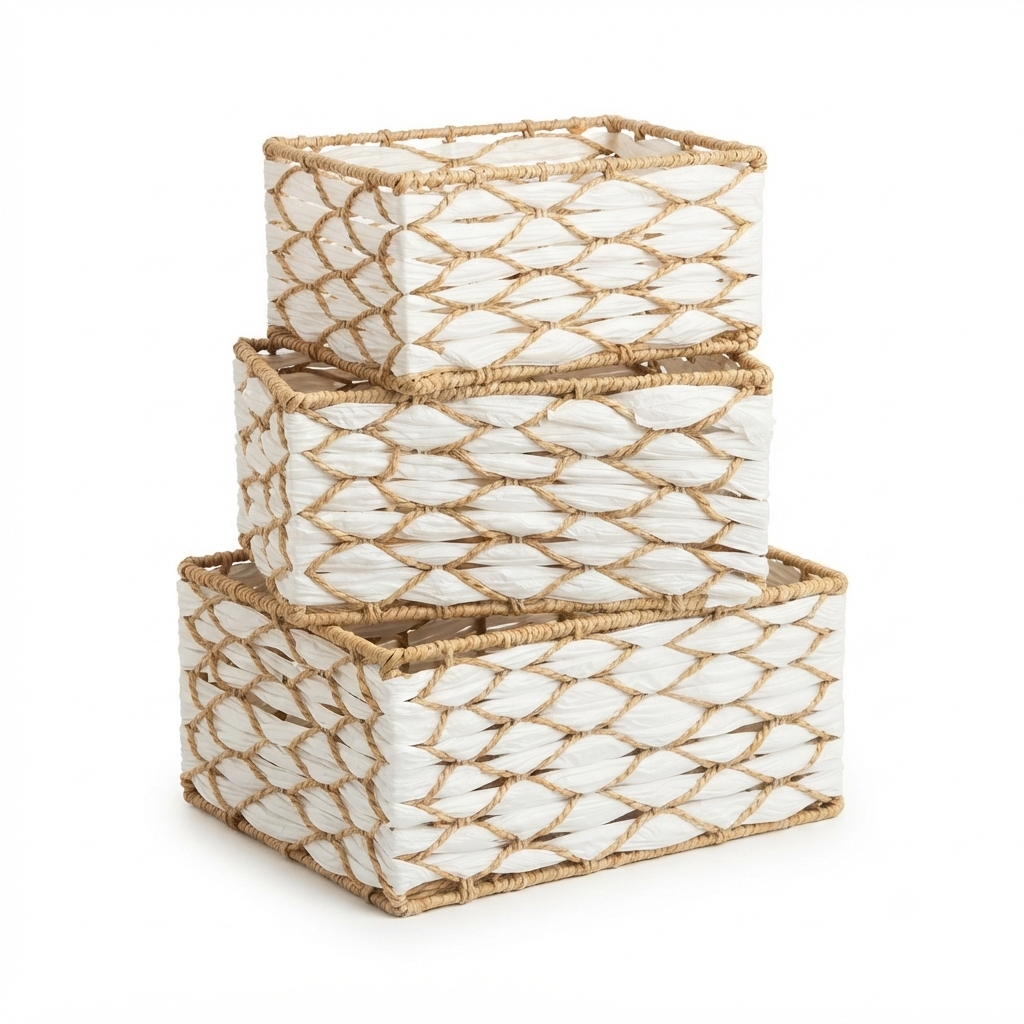 White Woven Seagrass Storage Basket Set of 3