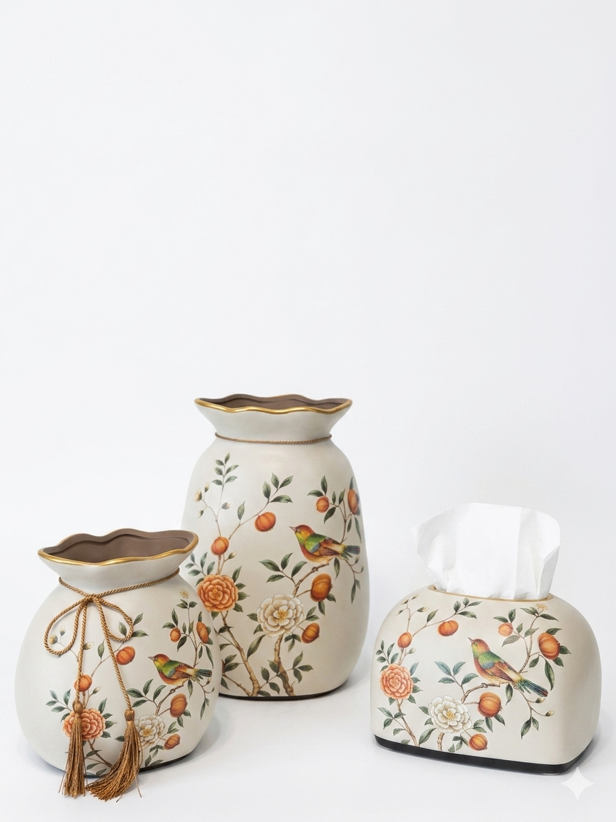 Ceramic Vase & Tissue Box Set 3 Pcs – Birds & Oranges