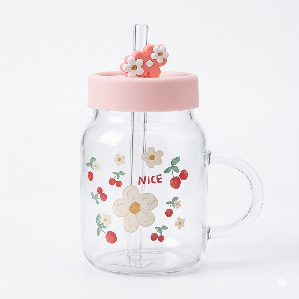 Cute Glass Mug with Straw 800ml