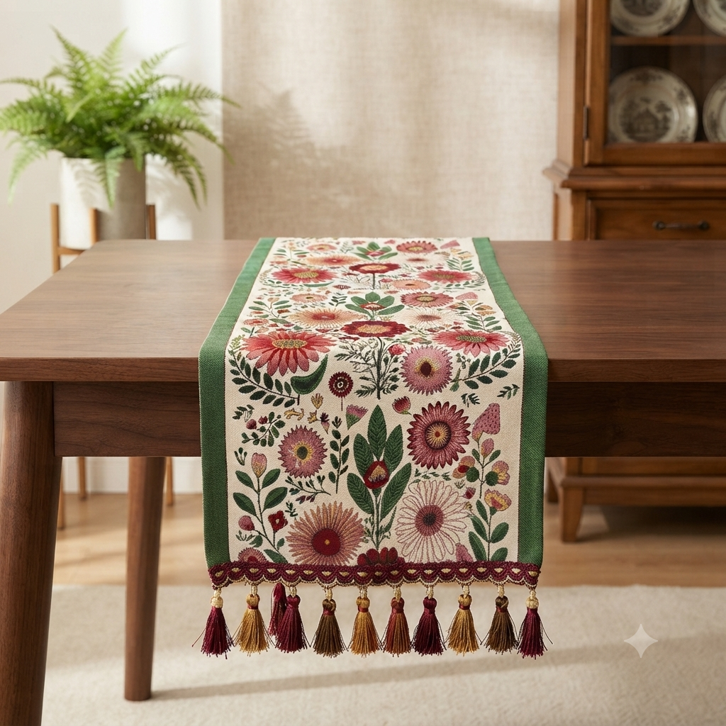 Boho Floral Embroidered Table Runner