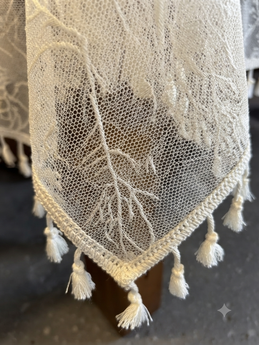 Lace Tablecloth with Delicate Branch Pattern & Tassel Trim