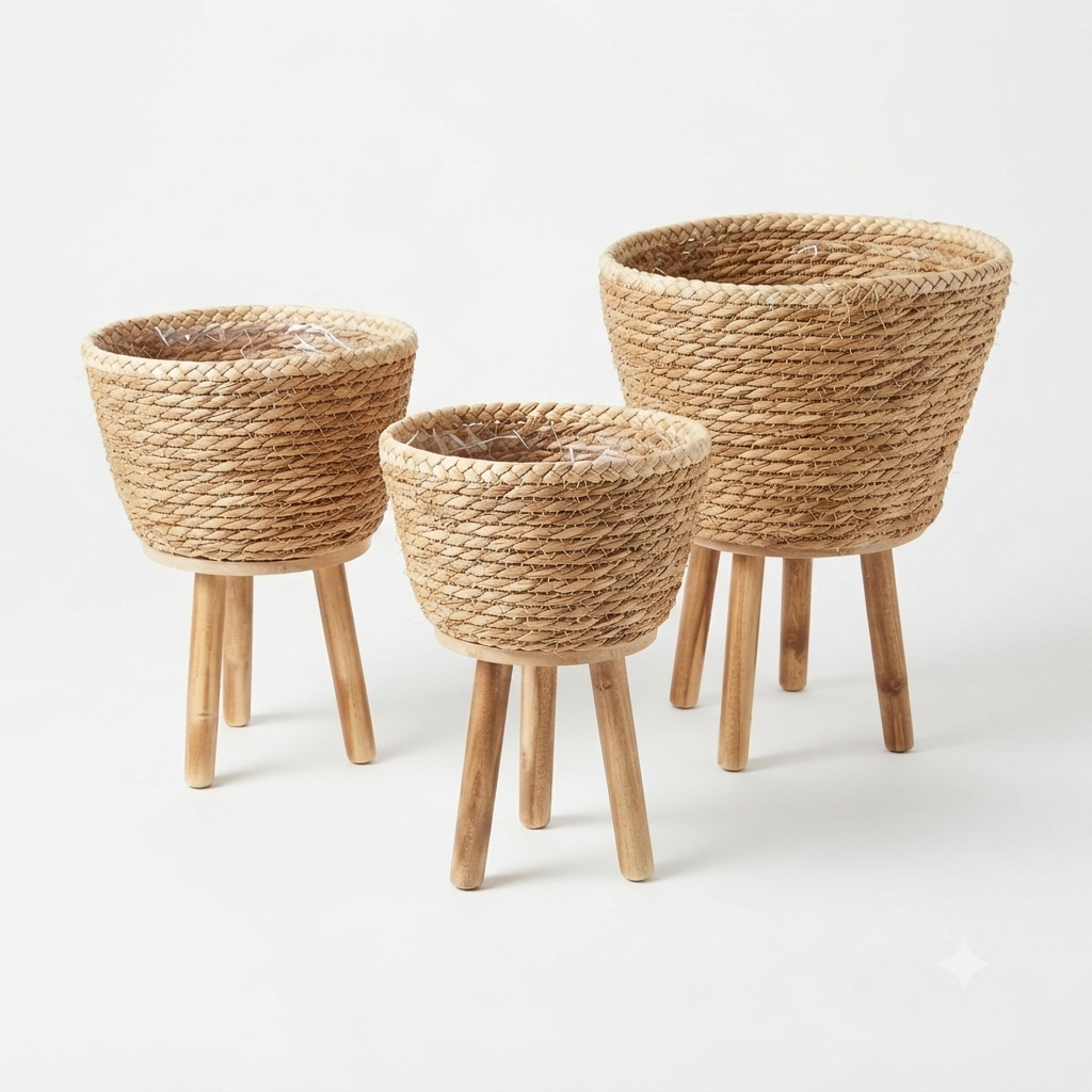 Natural Straw Basket Planter Set of 3