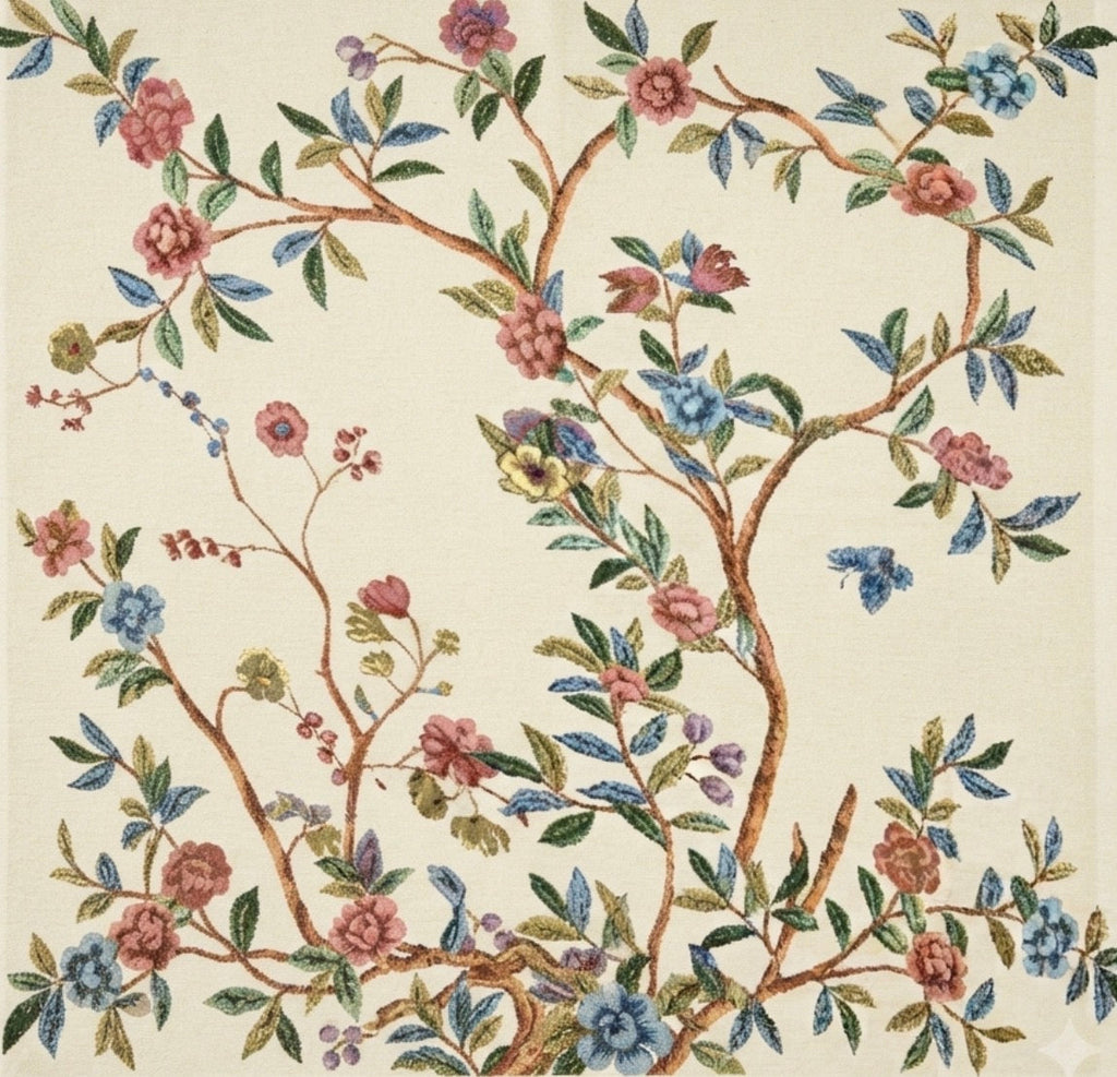 Embroidered Linen Tablecloth with Blooming Tree of Life & Tassel Trim