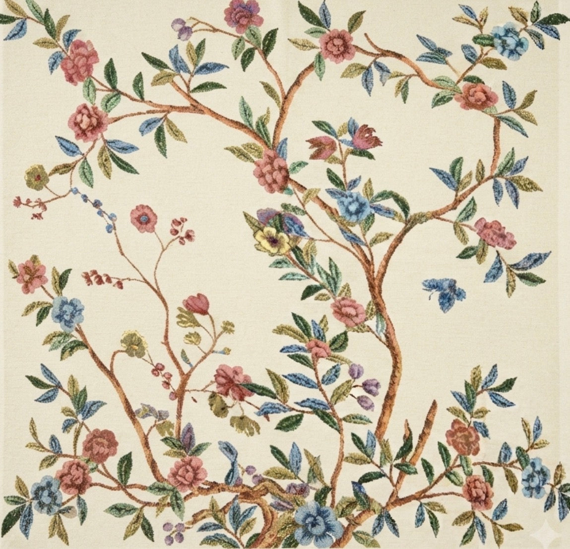 Embroidered Linen Tablecloth with Blooming Tree of Life & Tassel Trim