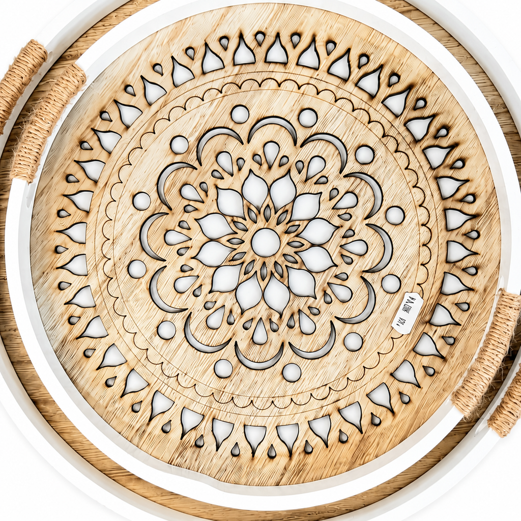 Round Wood & Glass Tray Set