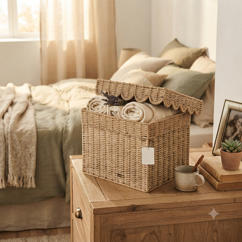 Scallop Wicker Storage Basket with Lid