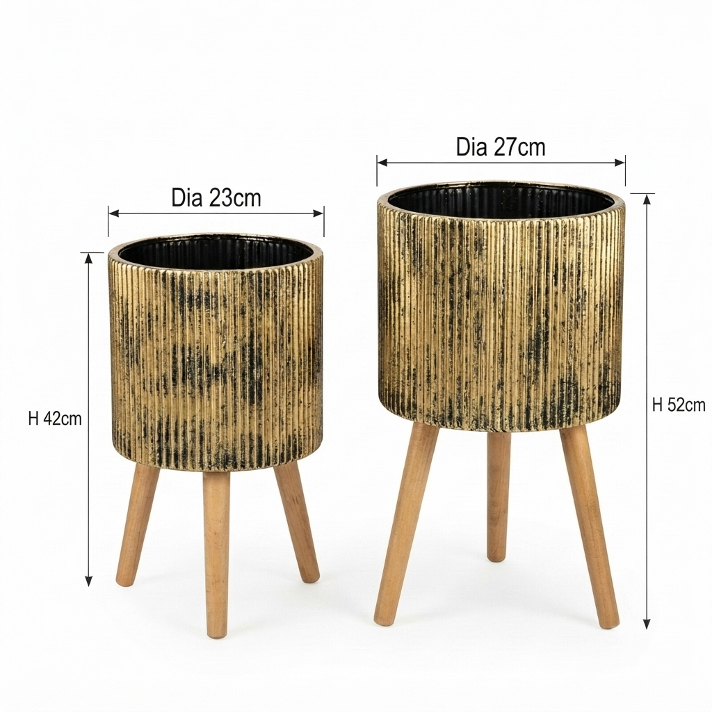 Gold Ribbed Planter Set with Wooden Legs