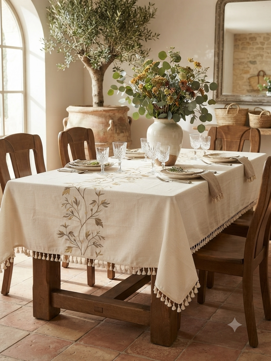 Embroidered Linen Tablecloth with Golden Leaf Vine & Tassel Trim