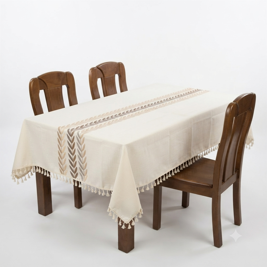 Embroidered Linen Tablecloth with Wheat Leaf & Tassel Trim