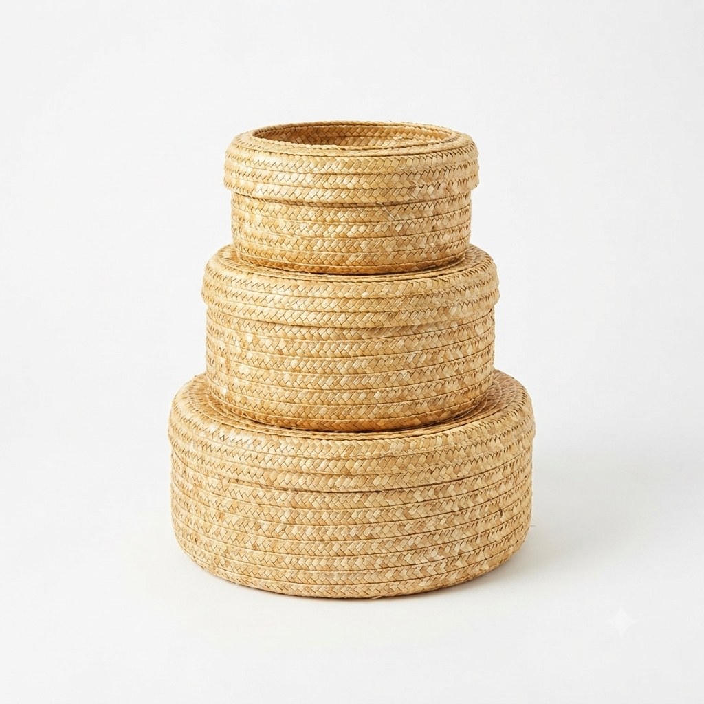 In0019 Round Woven Baskets with Lid Set of 3
