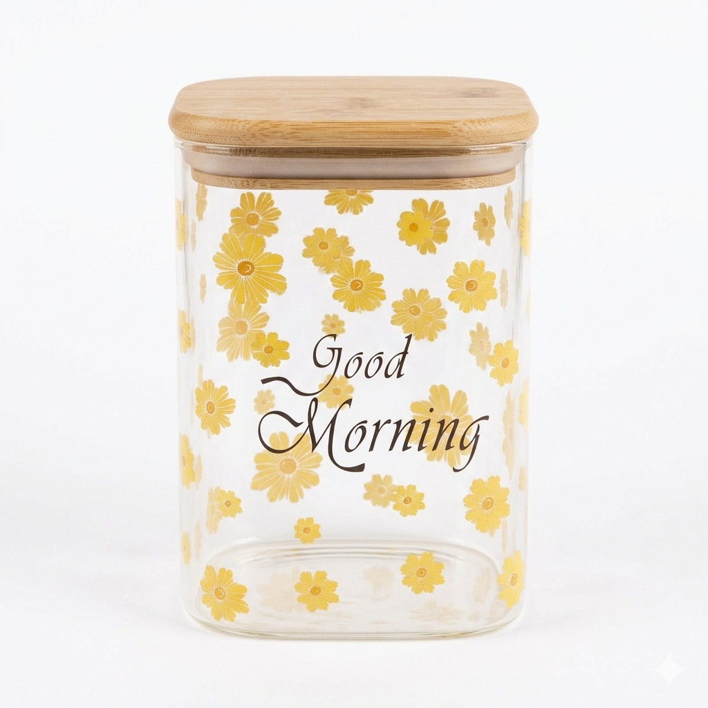 Good Morning Square Glass Storage Jar