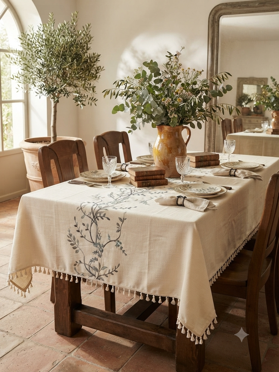 Embroidered Linen Tablecloth with Tassel Trim