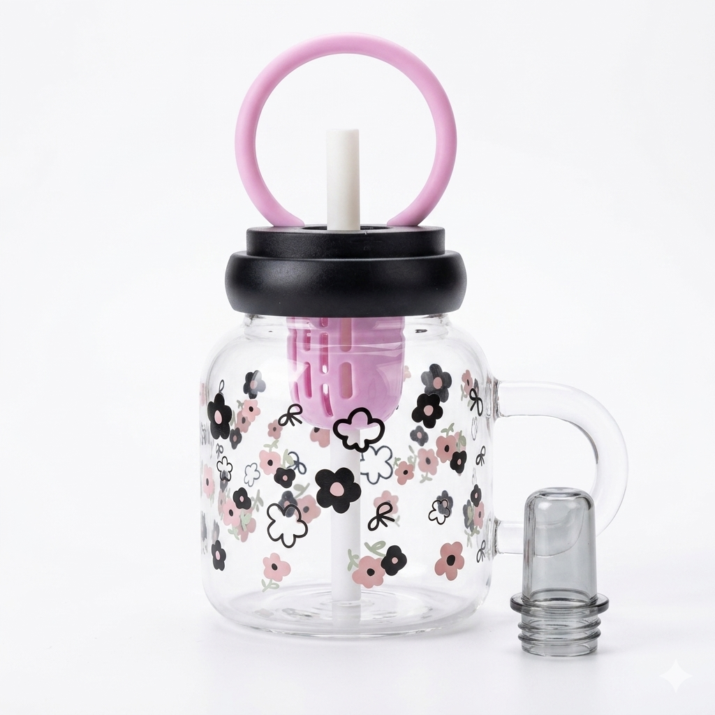 Floral Glass Mug with Straw & Lid