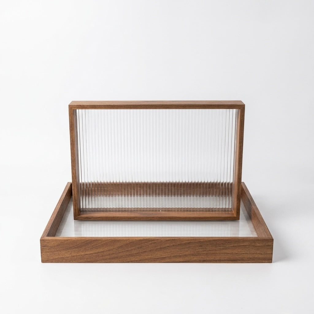 Wood & Ribbed Acrylic Tray Set