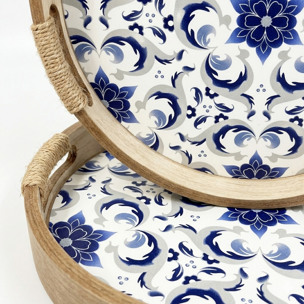 Round Wood Blue Floral Tray Set with Rope Handles