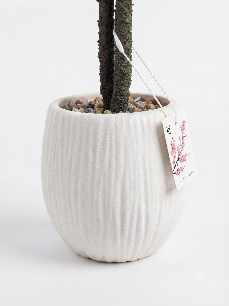 Artificial Ficus Tree in White Ribbed Ceramic Pot