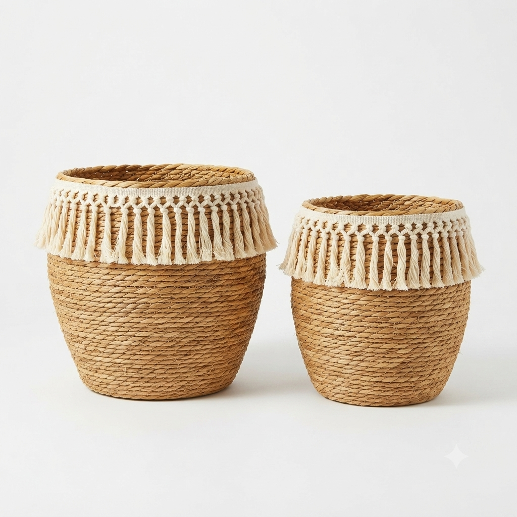 Boho Fringe Woven Basket Set of 2