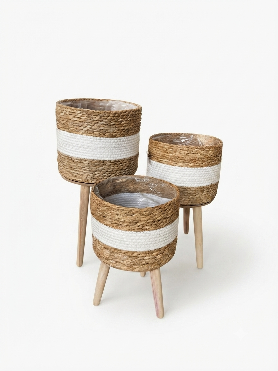 Boho Woven Planter Set - Natural & White