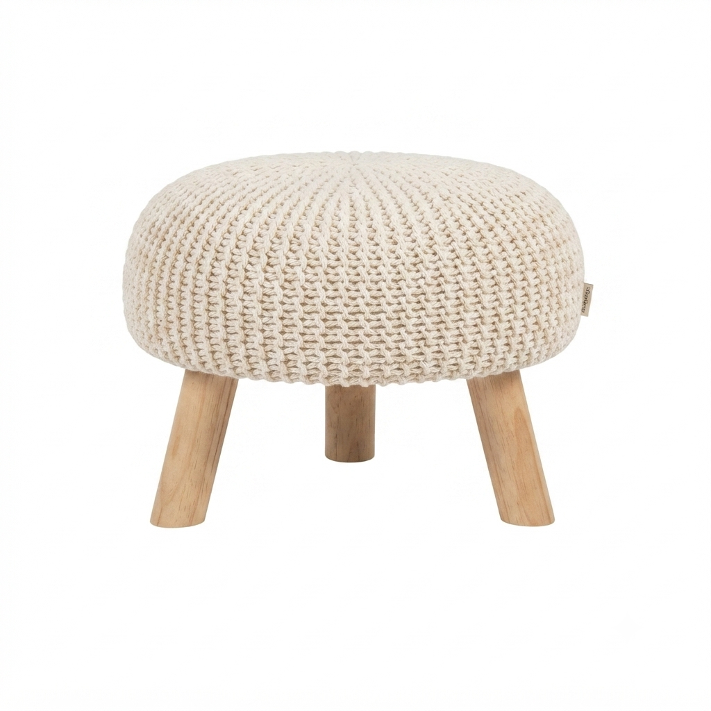 Chunky Knit Round Pouf with Wooden Legs