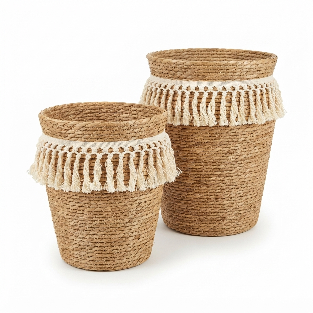Boho Seagrass Basket with Macrame Fringe Set of 2