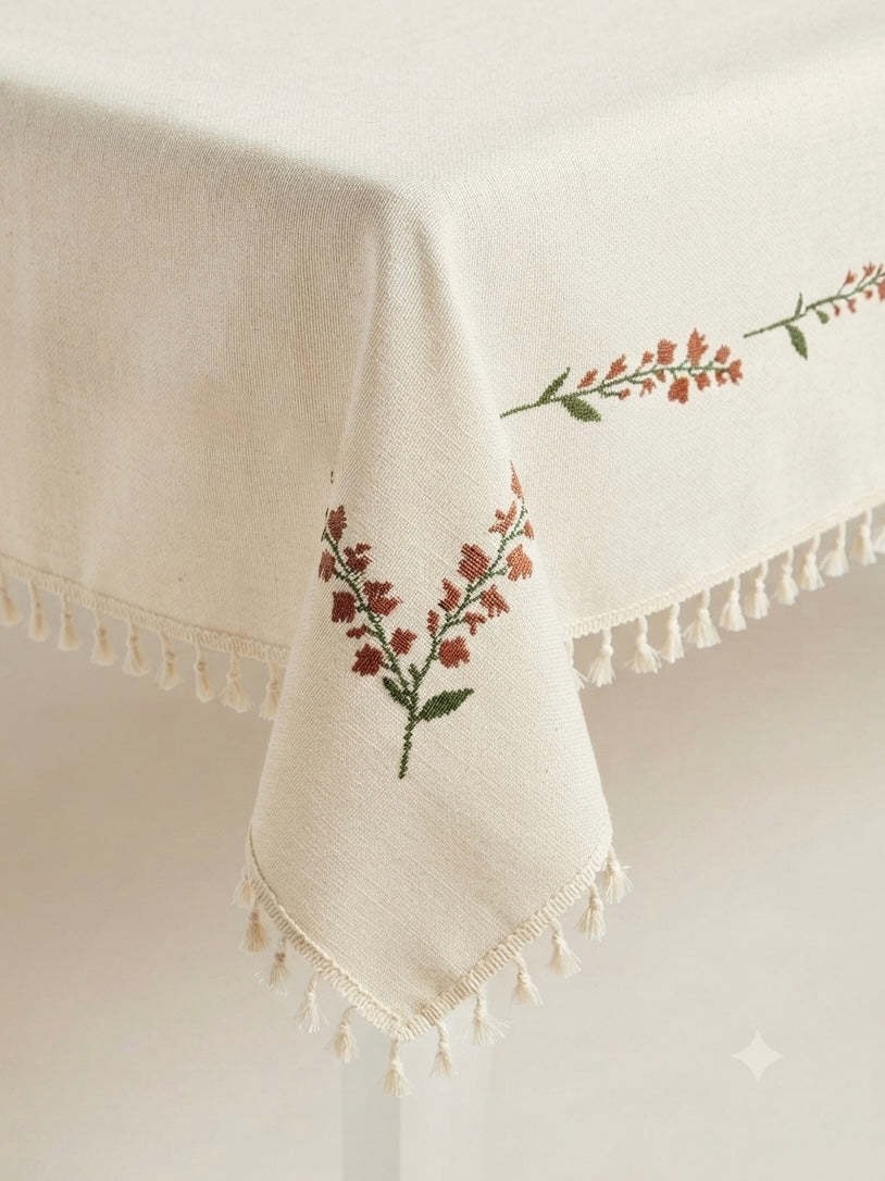 Embroidered Linen Tablecloth with Wildflower Garden & Tassel Trim