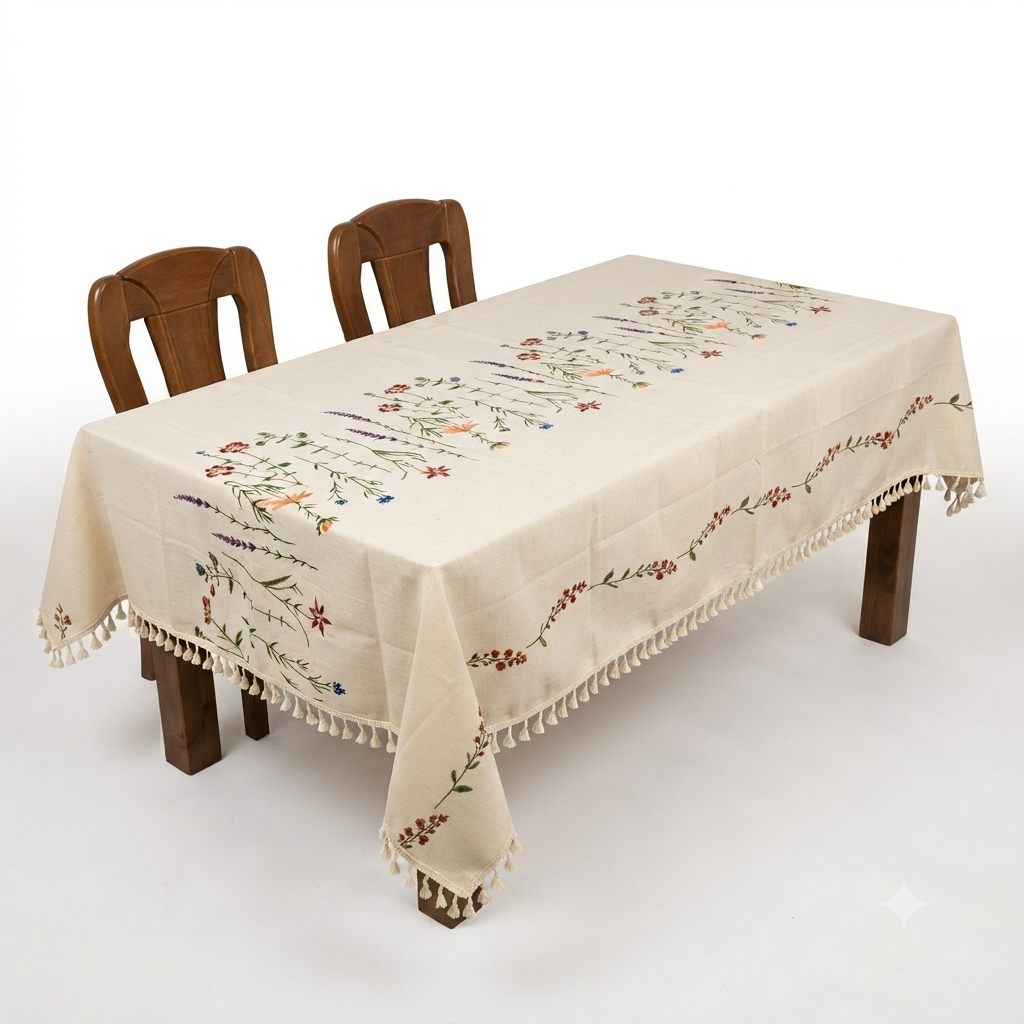 Embroidered Linen Tablecloth with Wildflower Garden & Tassel Trim
