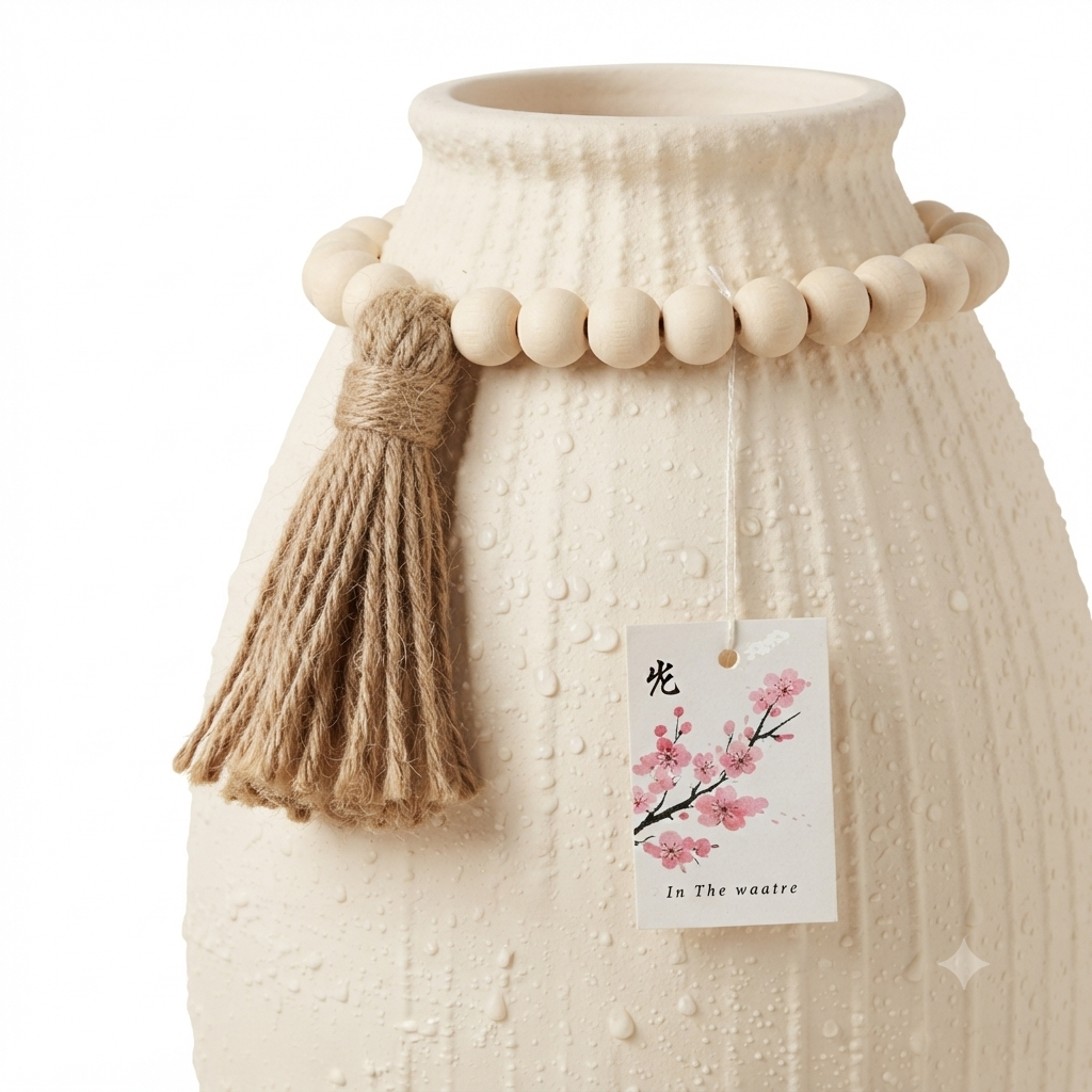 Boho Ceramic Vase with Wooden Beads & Tassel