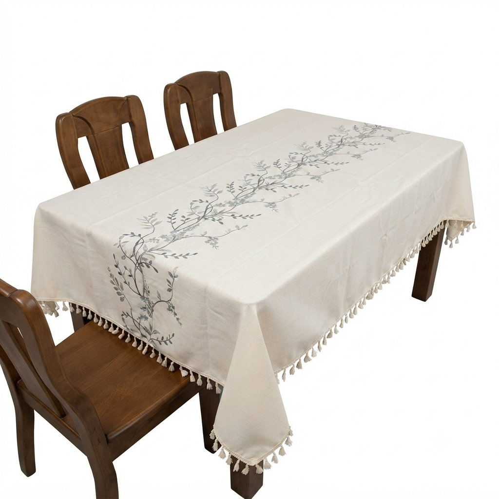 Embroidered Linen Tablecloth with Tassel Trim