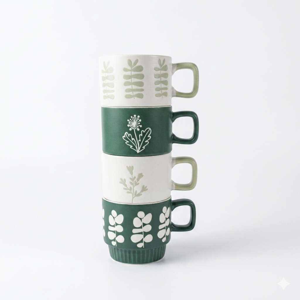 Botanical Ceramic Stackable Mugs Set of 4