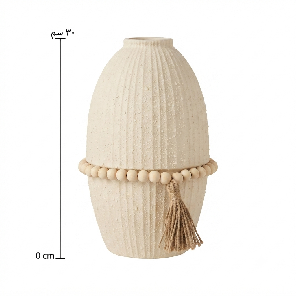 Boho Ceramic Vase with Wooden Beads & Tassel
