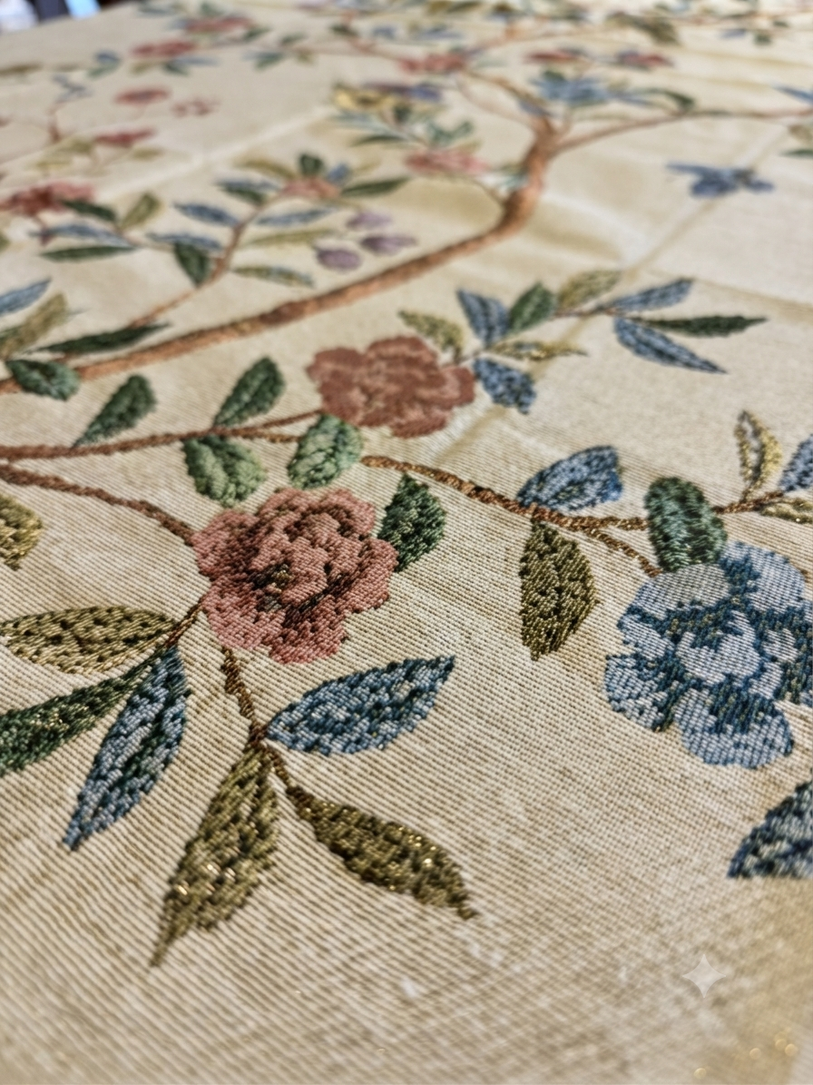 Embroidered Linen Tablecloth with Blooming Tree of Life & Tassel Trim