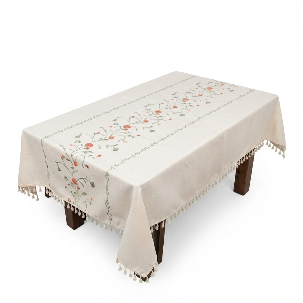 Embroidered Linen Tablecloth with Orange Floral & Tassel Trim