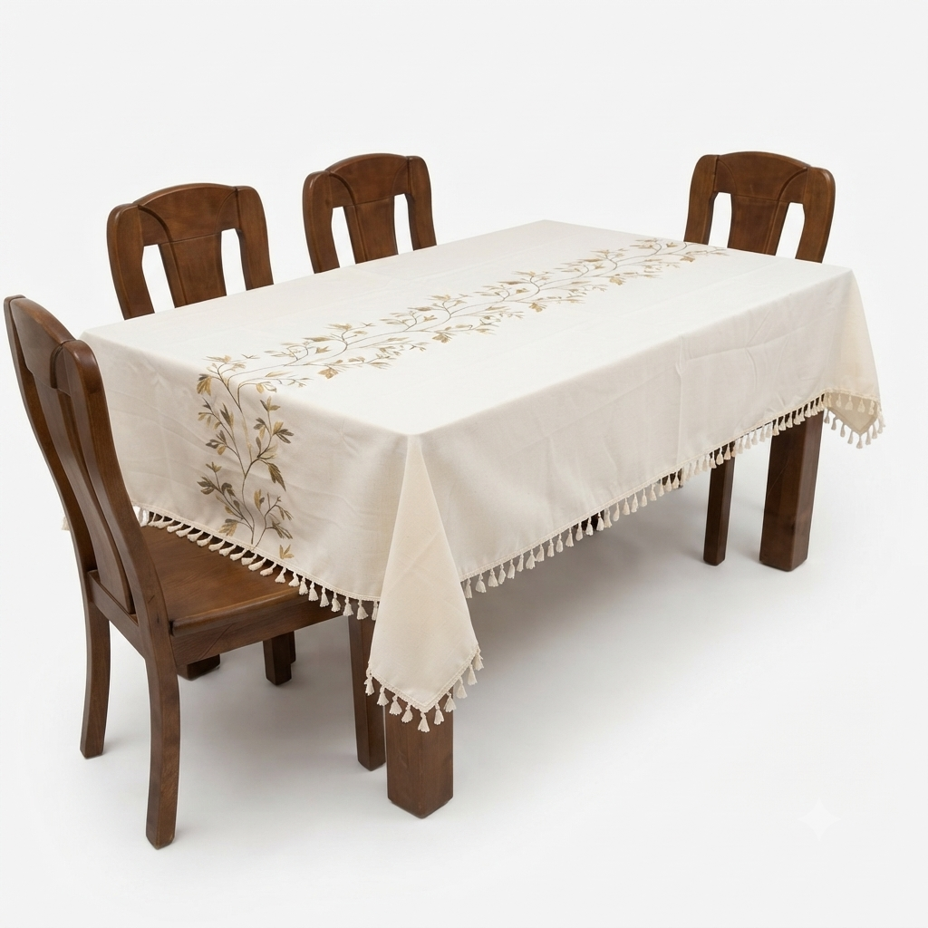 Embroidered Linen Tablecloth with Golden Leaf Vine & Tassel Trim