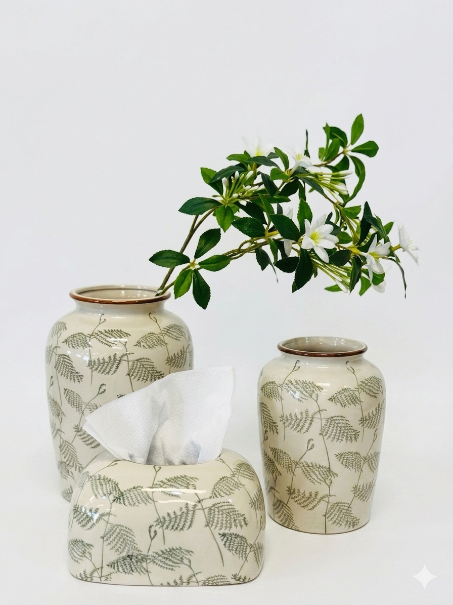 Vases and tissue box set with green touch