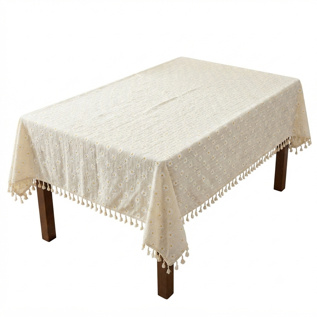 Daisy Embroidered Tablecloth with Tassel Trim