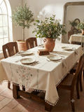 Embroidered Linen Tablecloth with Orange Floral & Tassel Trim