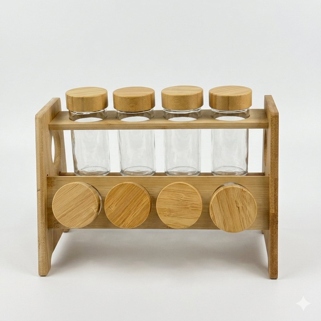 Glass Spice Jars Set with Bamboo Rack