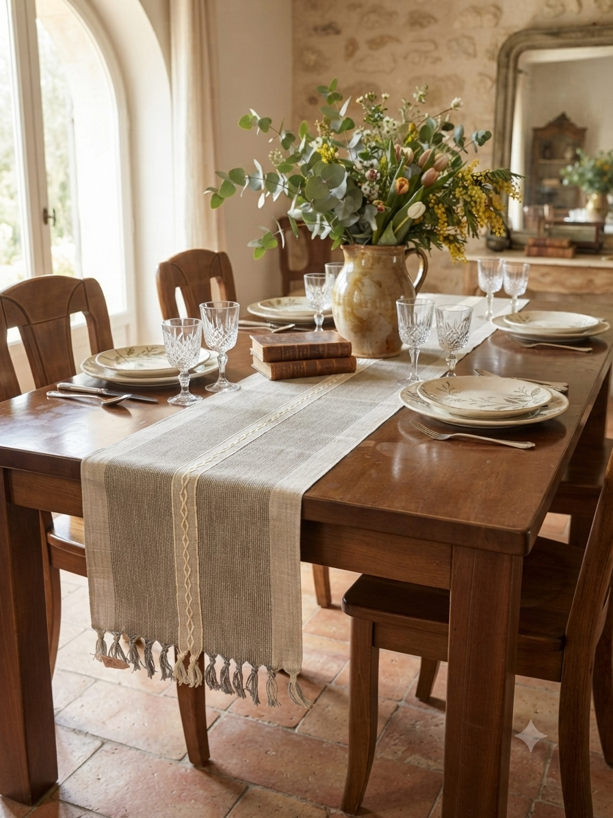 Grey Linen Cross Stitch Stripe Table Runner