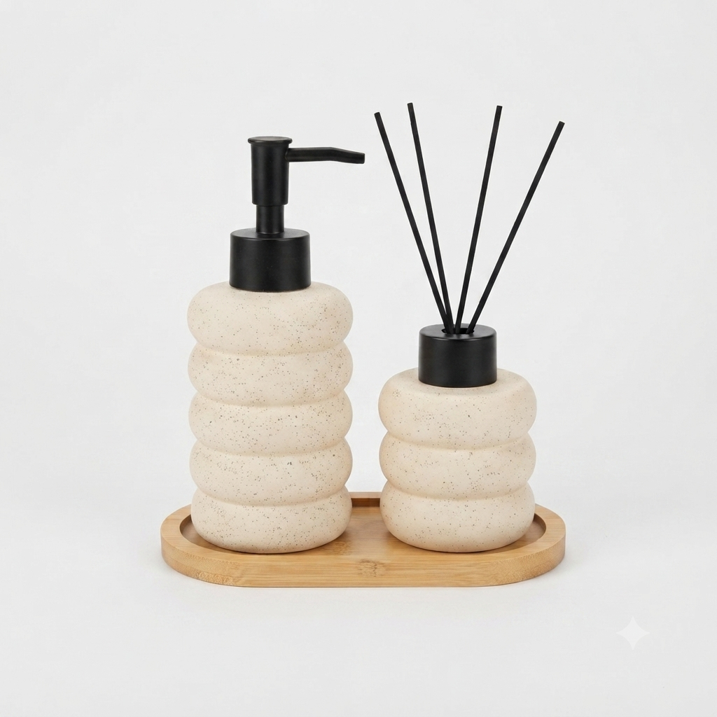 Ceramic Soap Dispenser & Diffuser Set with Bamboo Tray