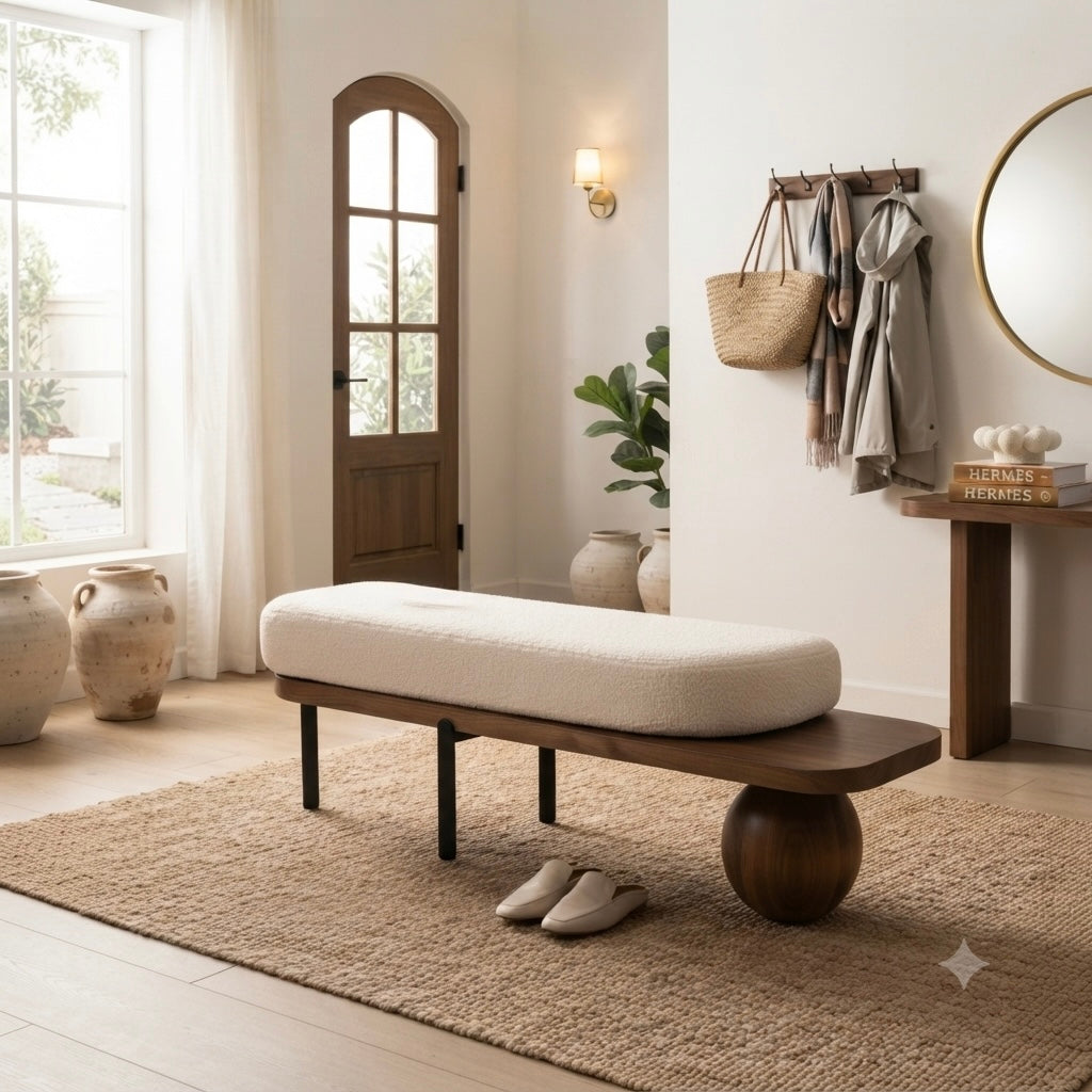 Sculptural Boucle Bench with Side Table