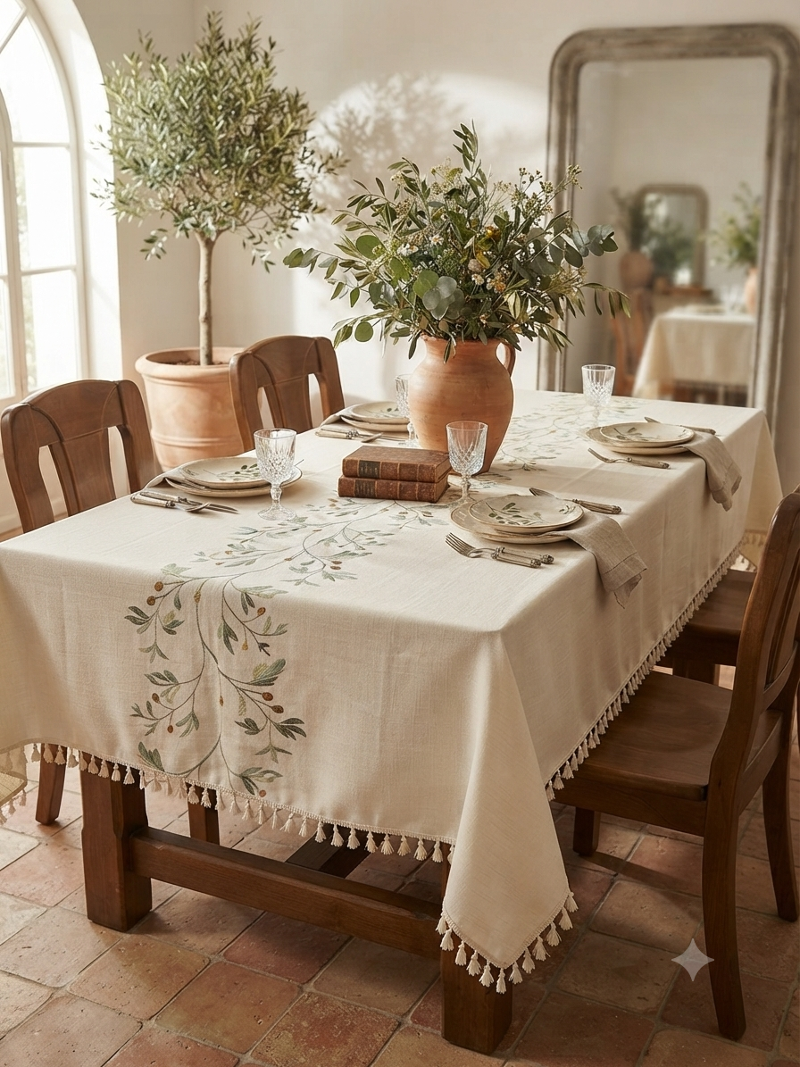 Embroidered Linen Tablecloth with Olive Branch & Tassel Trim