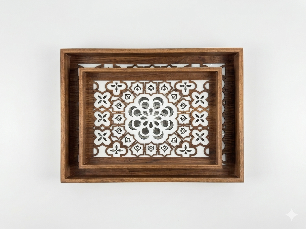 Wood Moroccan Floral Tray Set