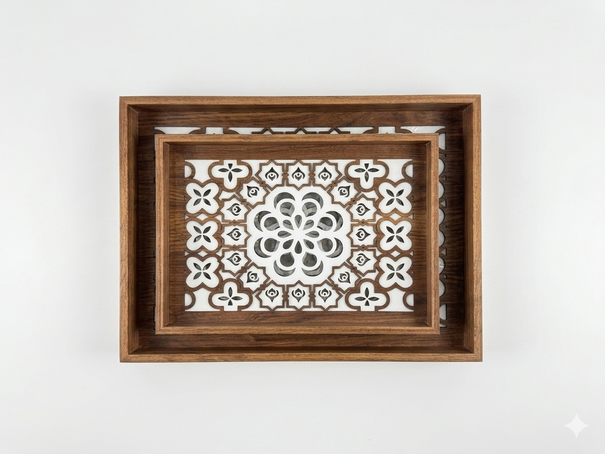 Wood Moroccan Floral Tray Set