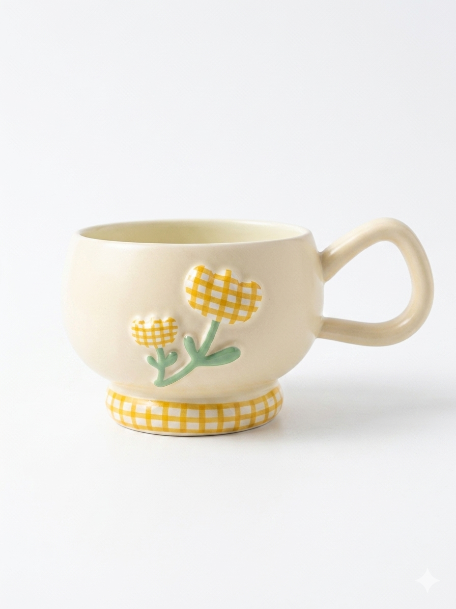 Gingham Flower Ceramic Mug