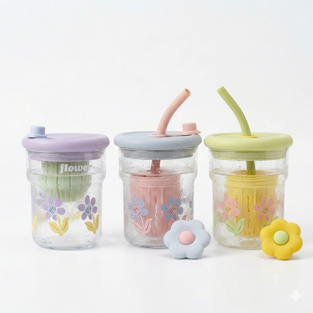 Flower Detox Glass Cup with Infuser Lid 400ml